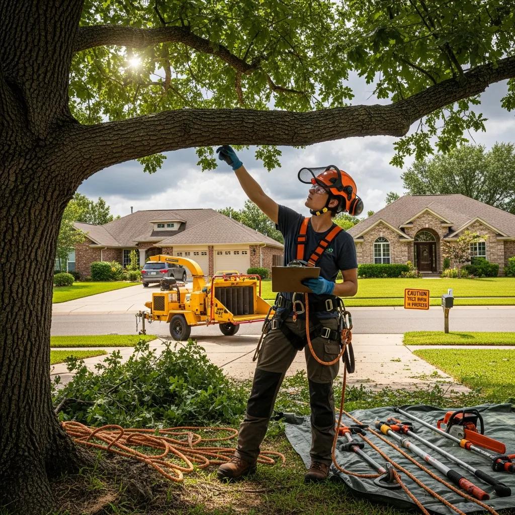 A certified arborist assessing the area for safety before tree removal, demonstrating professional safety protocols