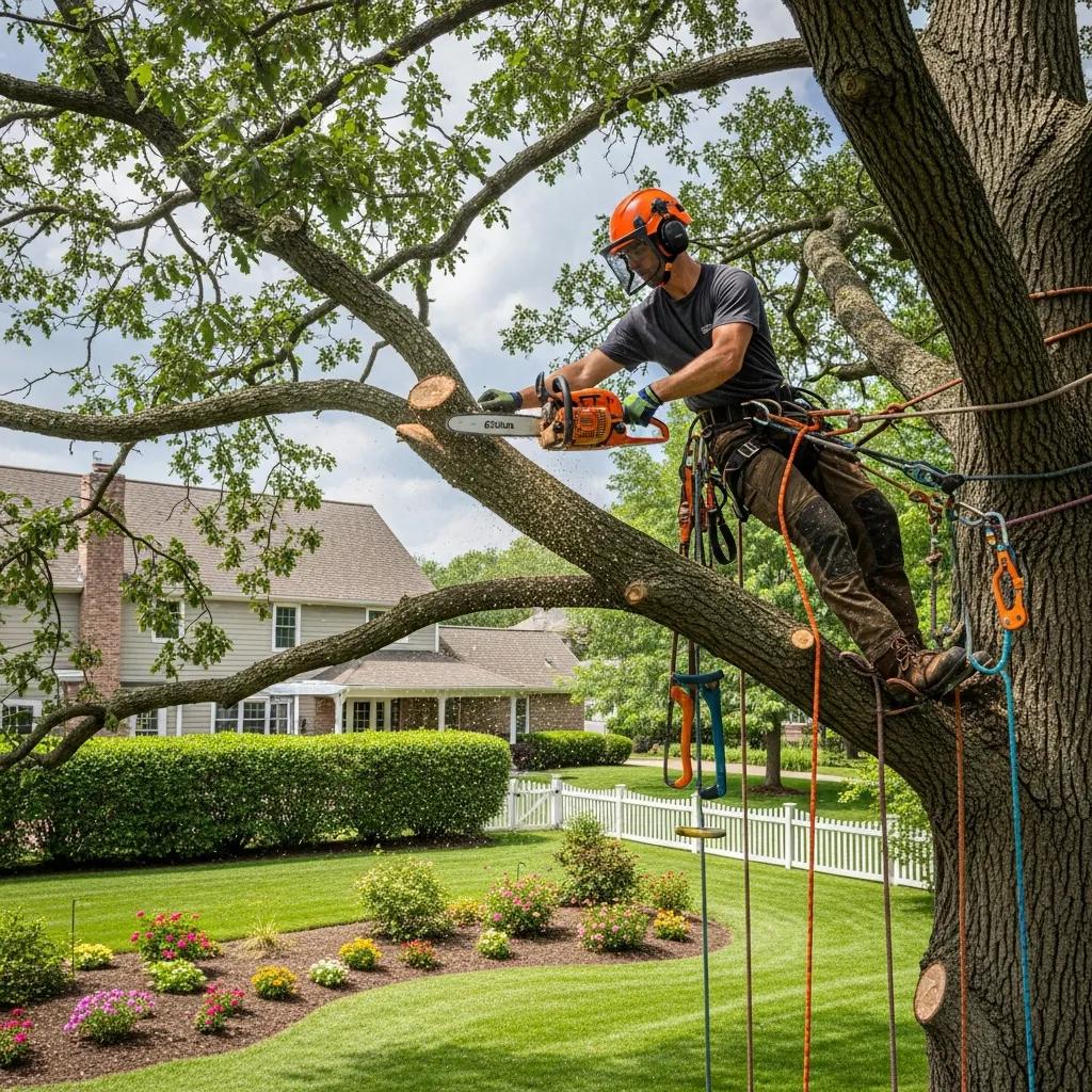 Certified arborist trimming a tree in a residential area, showcasing professional tree care practices