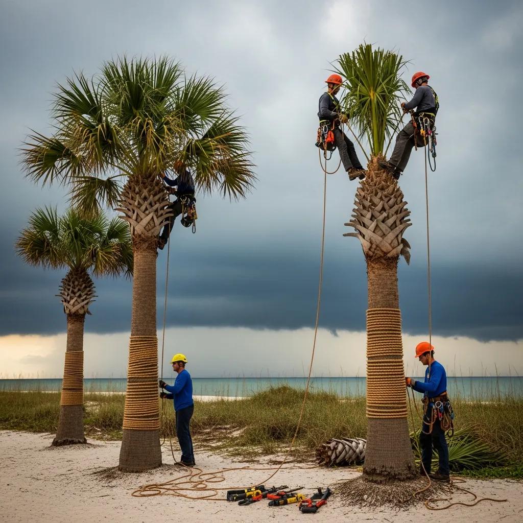 Palm trees being prepared for hurricane season, showcasing best practices for storm resilience