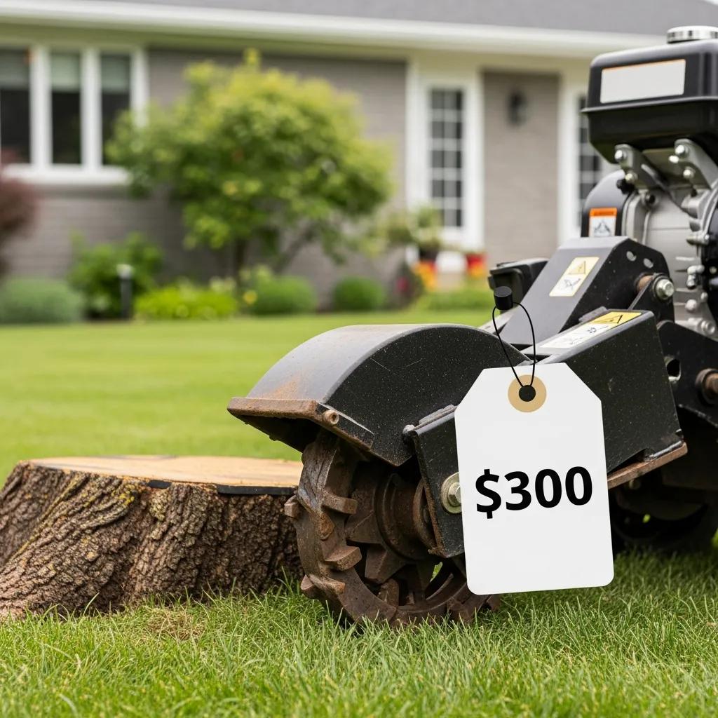 Stump grinding machine with a price tag in a landscaped yard