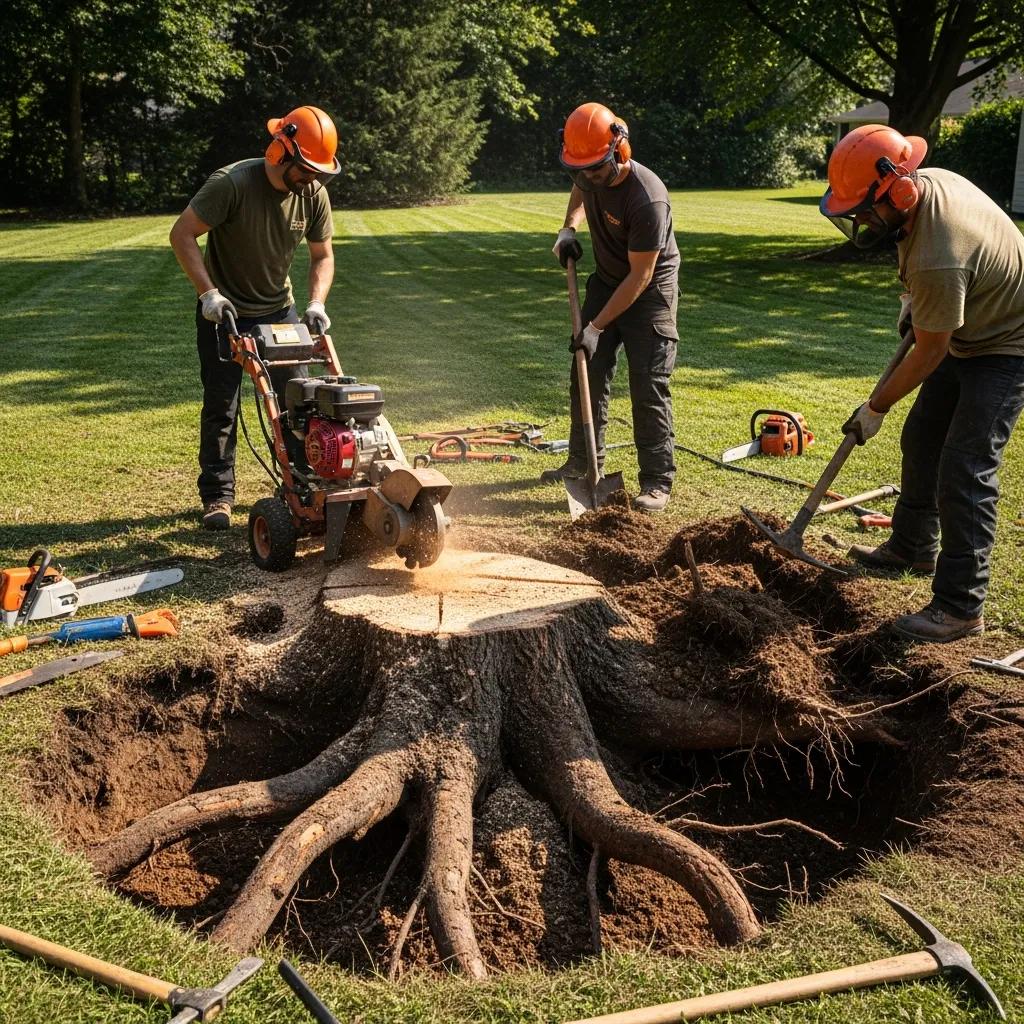 Team of professionals removing a tree stump with tools and equipment