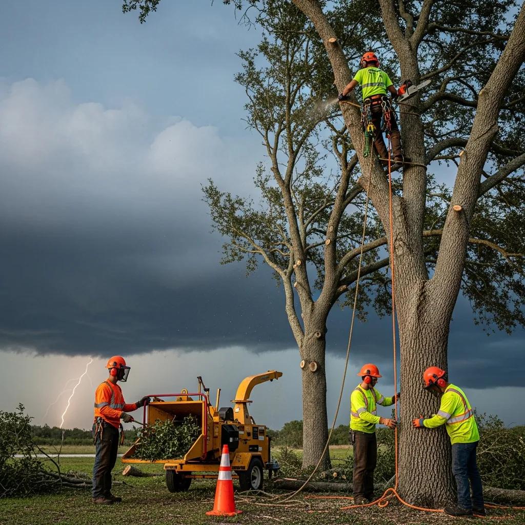 Tree service team preparing trees for hurricane season, emphasizing safety and proactive care