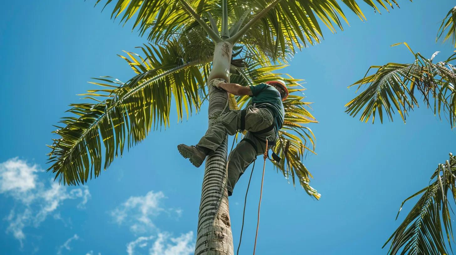 Skilled arborist pruning a palm tree using safe crown cleaning techniques