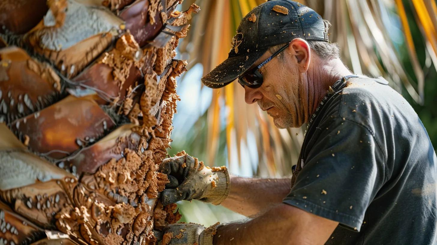 Experienced tree care professional examining a palm tree for signs of Ganoderma Butt Rot