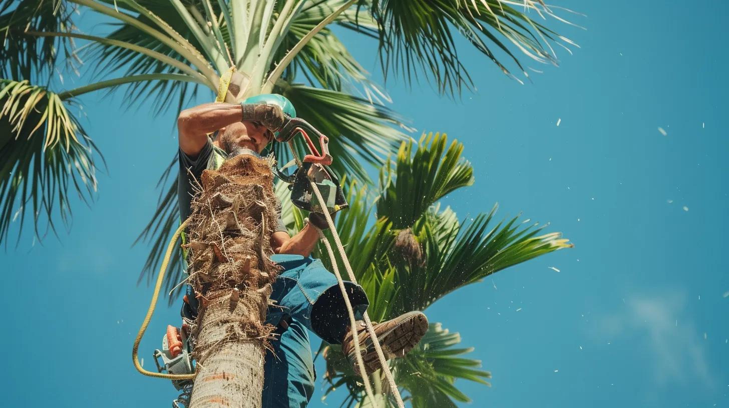 Arborist performing crown cleaning on a palm tree, highlighting storm preparation techniques