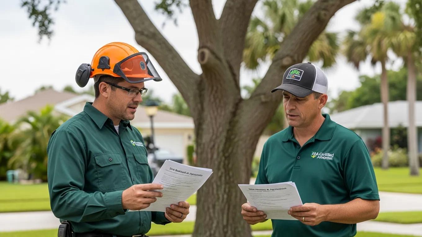 Experienced tree care professionals assisting homeowner with tree removal permit application