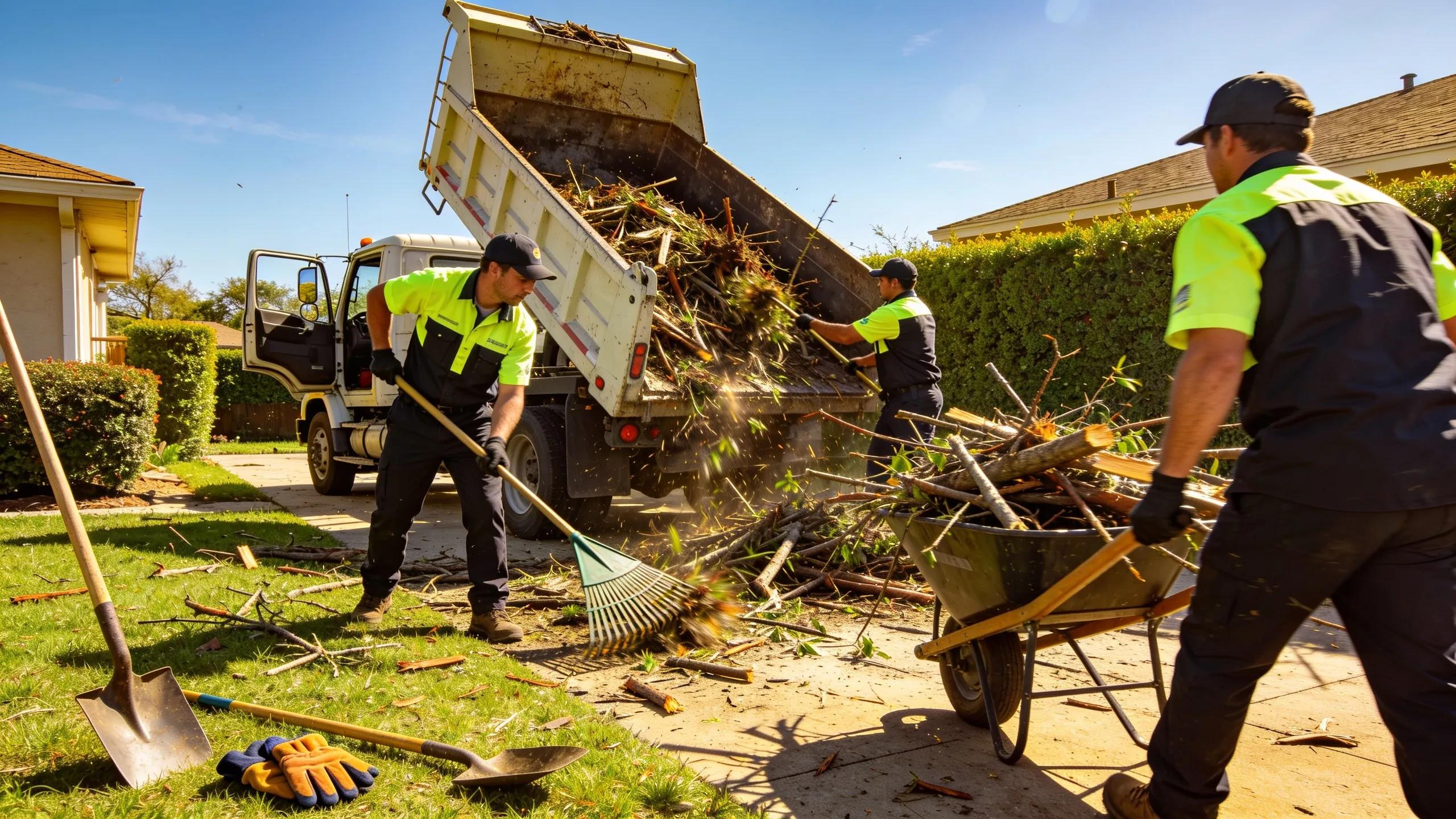 Team members performing yard cleanup and debris removal in a spacious residential area